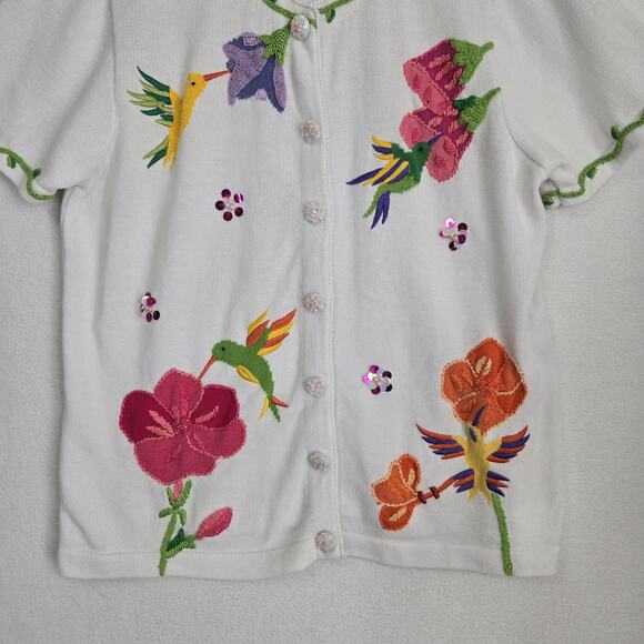 Quacker Factory Cardigan Sweater sz L White Multi Hummingbird Flowers Sequins - Picture 4 of 16